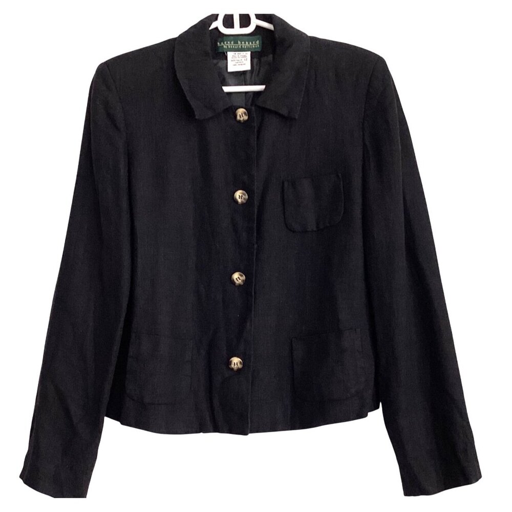 Harve Benard Black 100% Linen Button-Up Jacket Womens Size 12 Pockets
